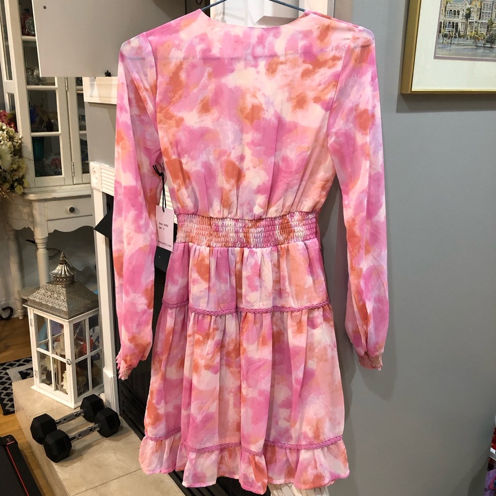 NEW Long Sleeve Ruffle Ombre Water Color Tie Dye Dress - Picture 5 of 5